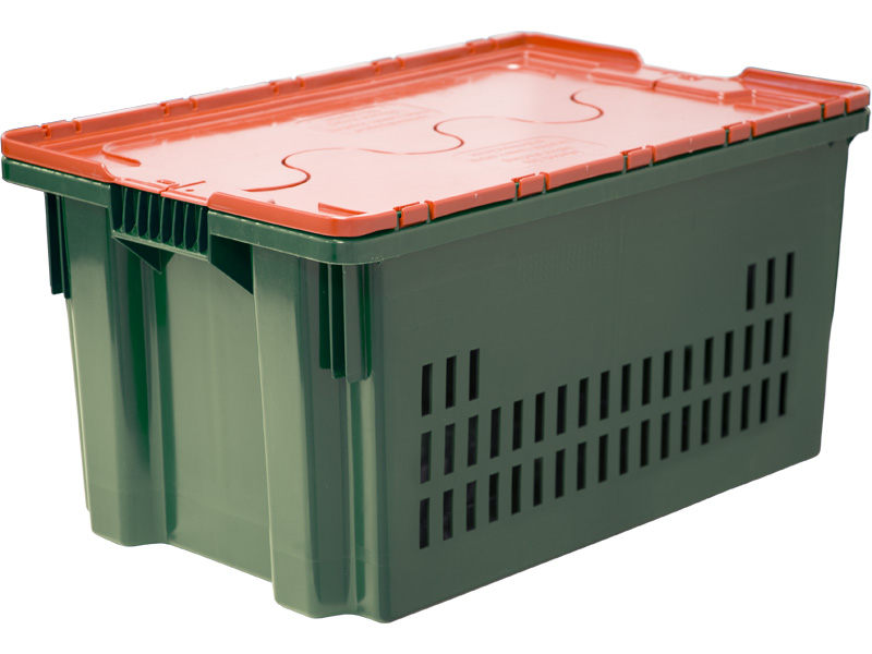 Ящик п/э 600х400х300 дно сплошное, стенки перфорированные, Safe PRO цв. зелёный с оранжевой крышкой